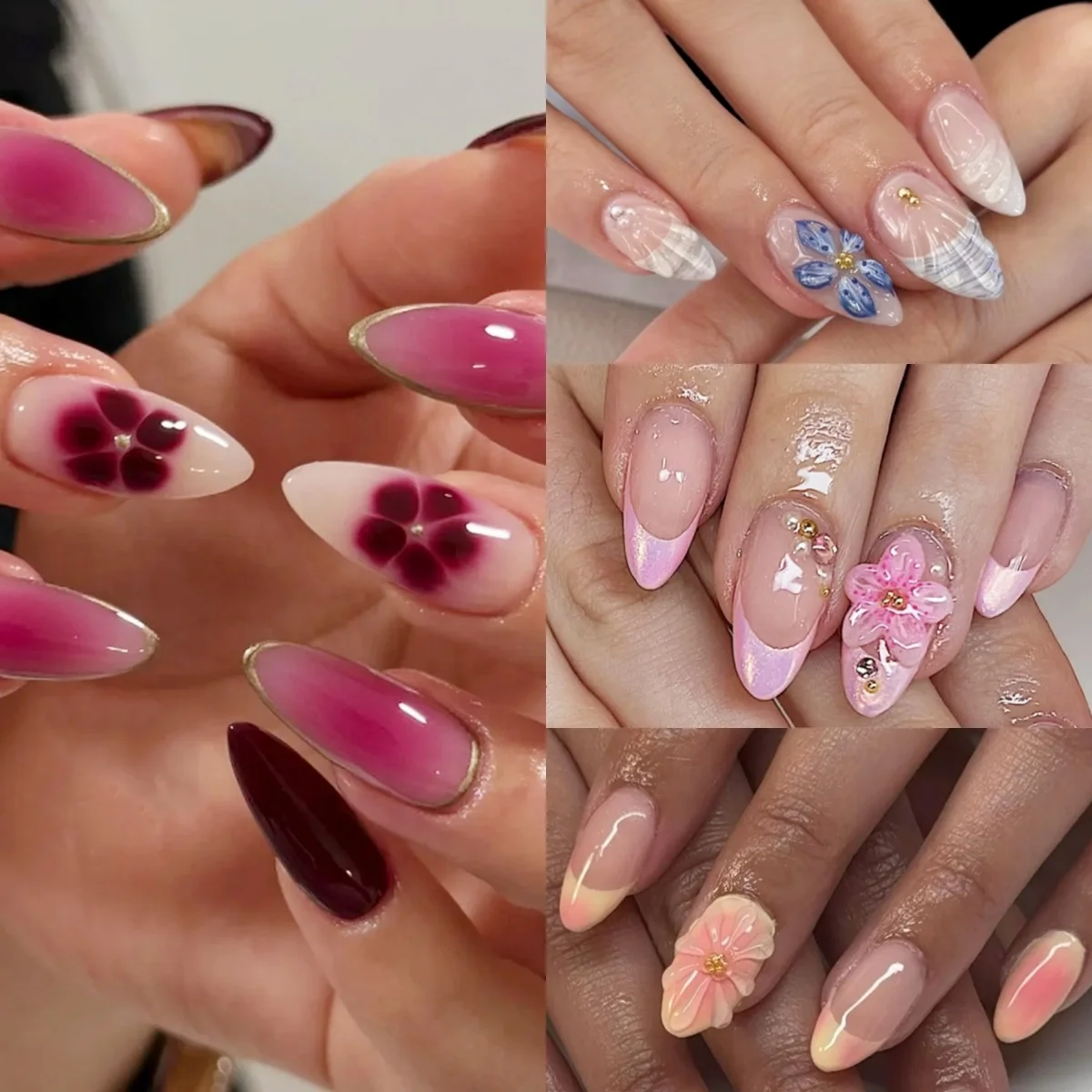 

Hipster Flower Long Pointed Fake Nails Art Snake Pattern Star Bowknot Almond False Nails Set Press on Nails Charm Manicure Tool