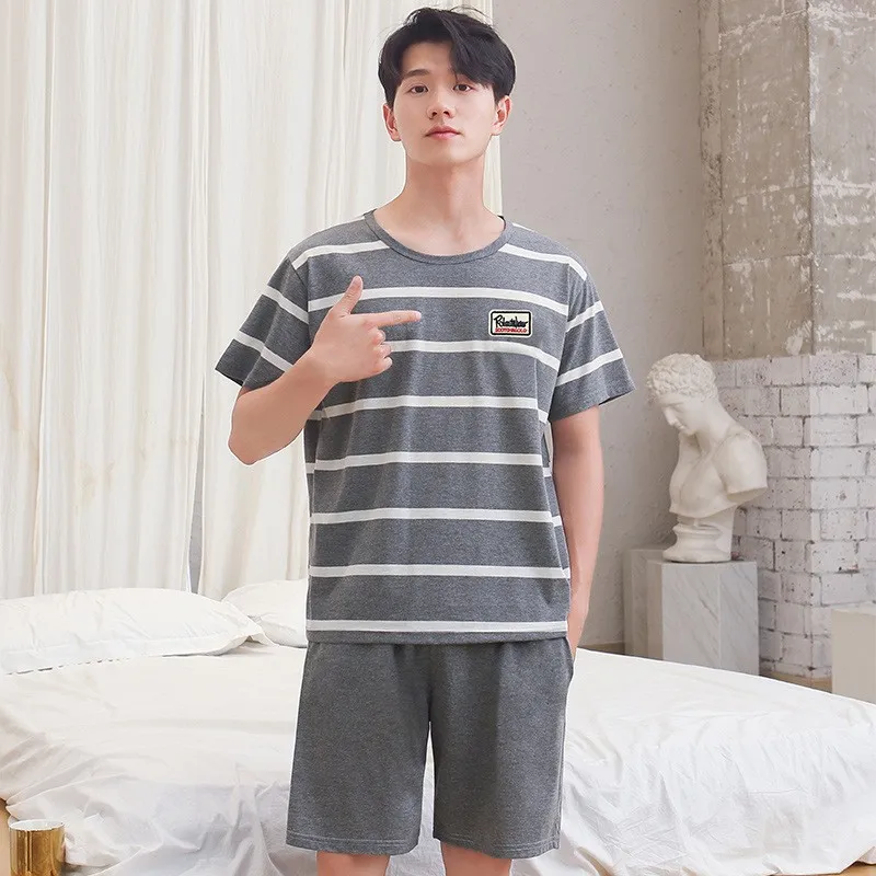 Men Pajamas Sleepwear O-Neck Striped Short Sleeve Shorts Loungewear Easy to Clean School Large Size 3xl Blue Pajamas 2PCS/Set