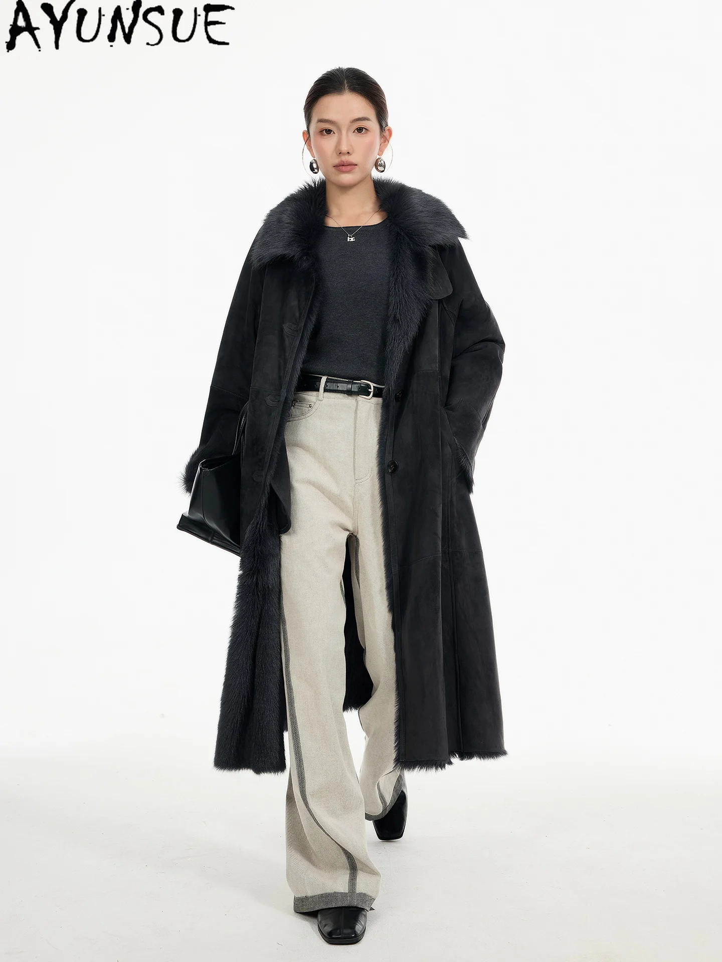 เสื้อแจ็คเก็ตหนังแท้ AYUNSUE สำหรับผู้หญิง ทำจากหนังแกะธรรมชาติ ขนยาว สไตล์เสื้อโค้ทขนสัตว์แท้ อุ่นสบายสำหรับฤดูหนาว เสื้อผ้าผู้หญิง