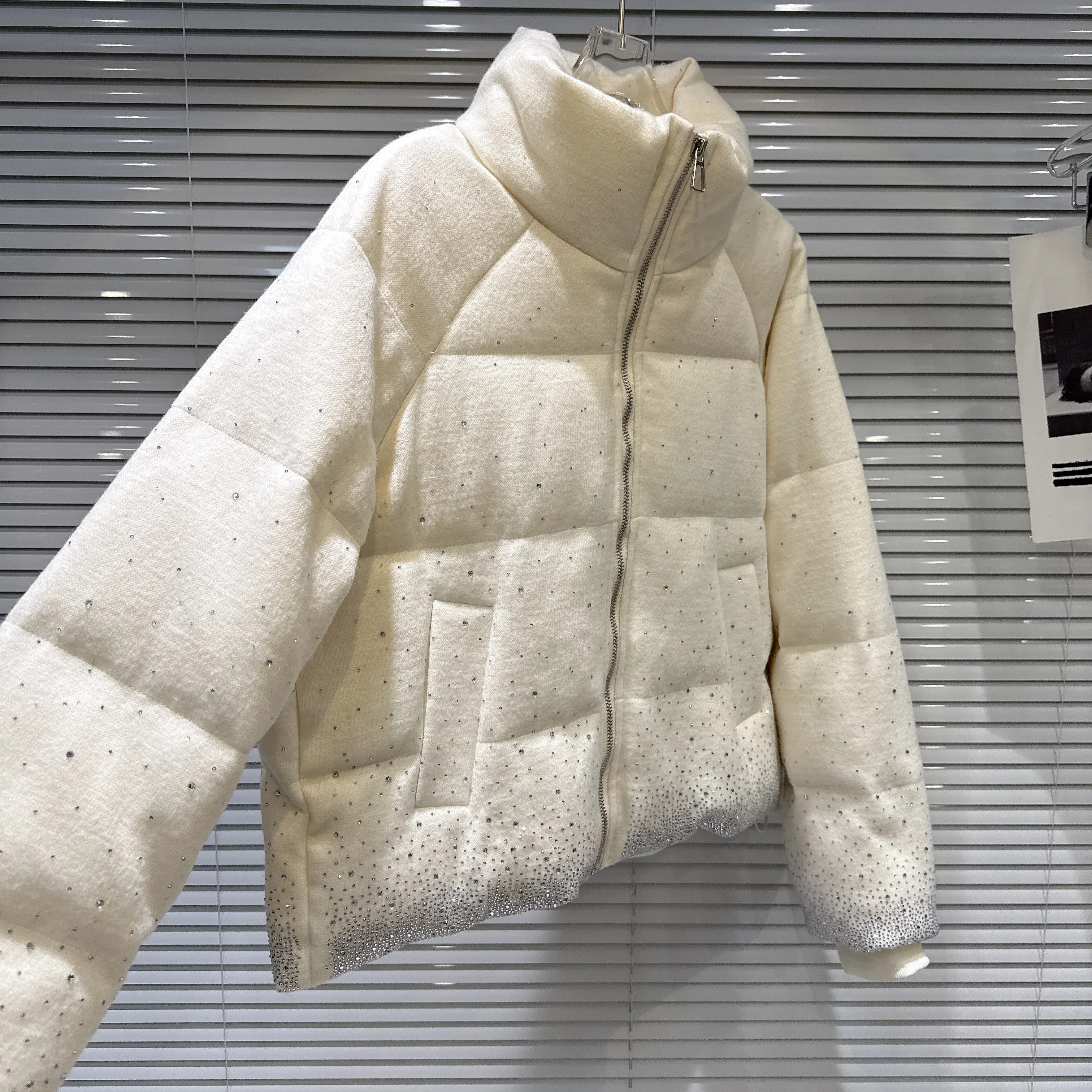 الكورية نمط أزياء الشارع الشهير الصناعة الثقيلة الماس الوقوف طوق سحاب أكمام طويلة حزام بولي يوريثان سترة قطن ضئيلة النساء الشتاء #3