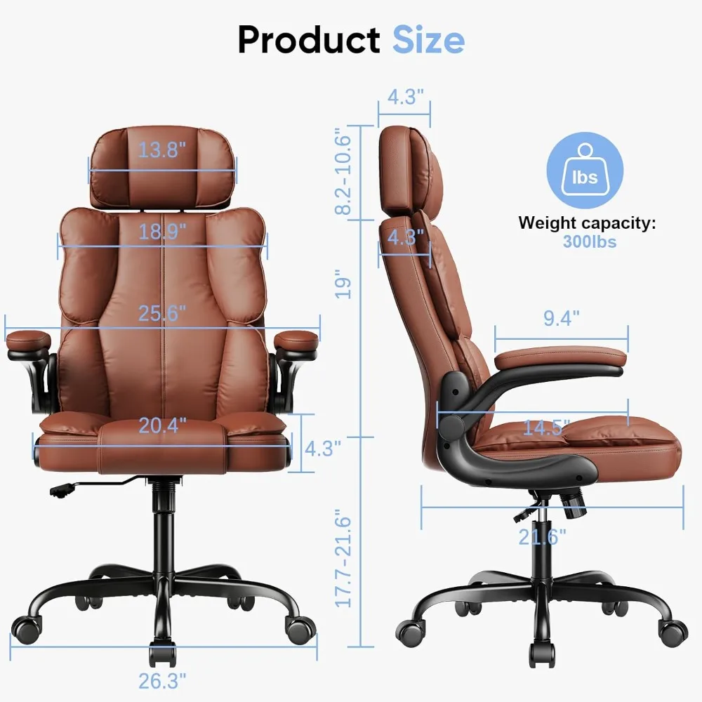 Executive Leather Office Chair, Computer Chair with Thick Cushion & Lumbar Support  with Adjustable Headrest & Armrests,Brown
