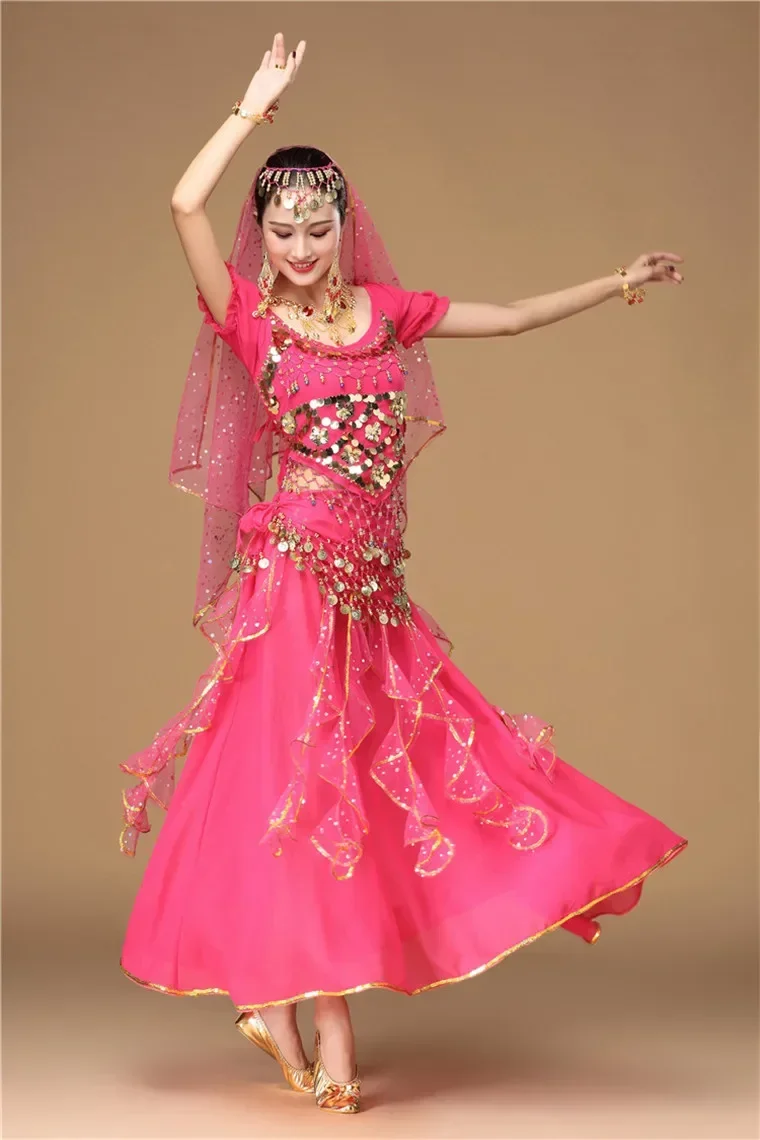 Ensemble de olympiques de danse du ventre indiens pour femmes, haut en voile, pièces de monnaie, écharpe de hanche, jupe, 7 pièces