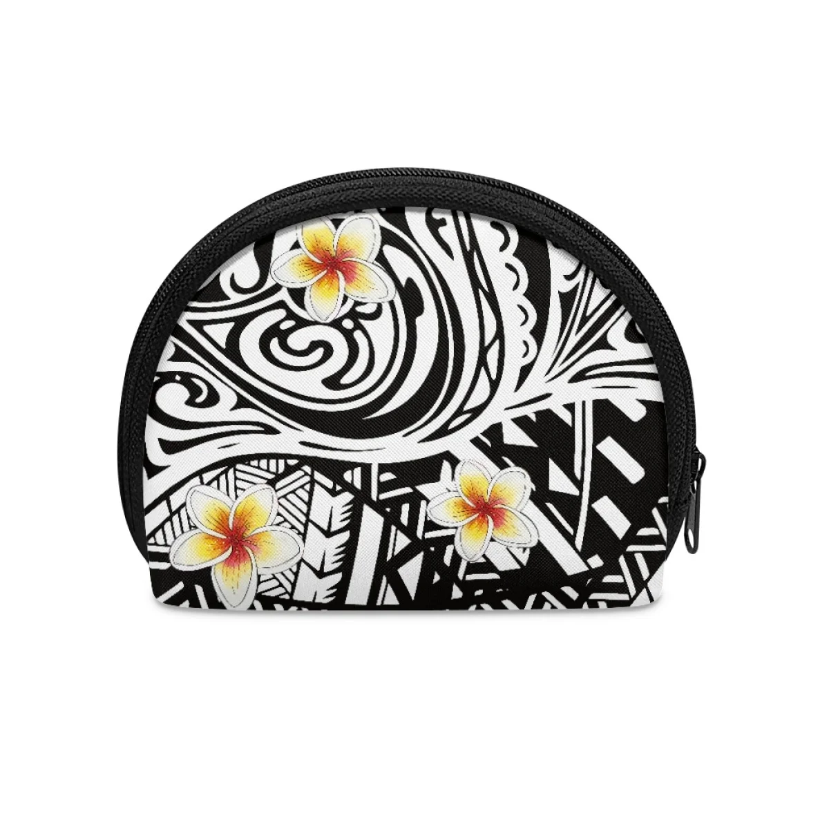 Polynesian Tribal White and Black Plumeria Design Print Coin Bags Portable Coin Bag Mini Earphone Pouch Coin Storage Purses