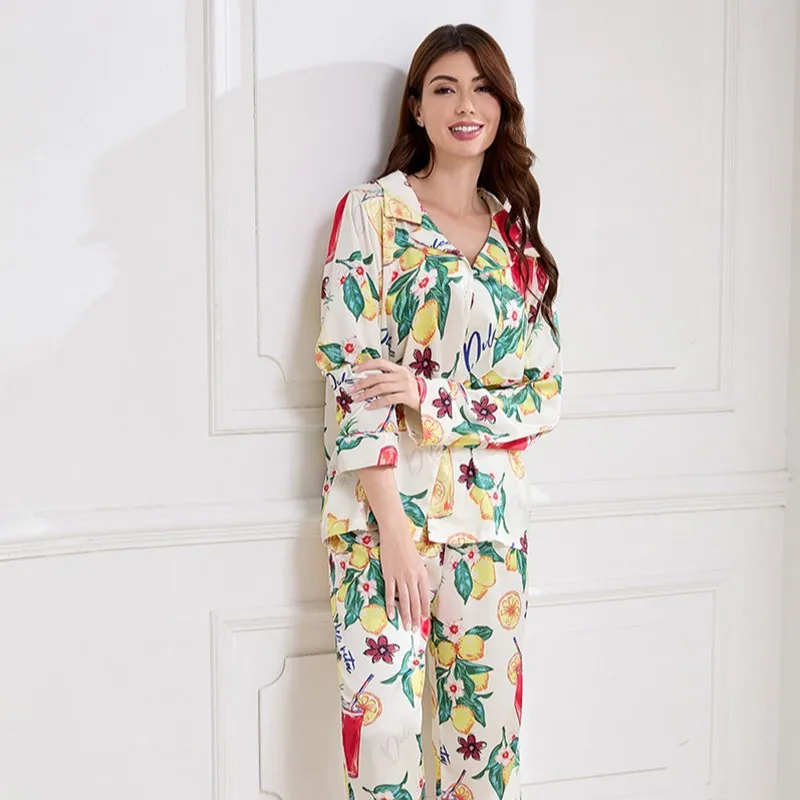 

2026 new simple style thin fruit print, long-sleeved pajamas two-piece set