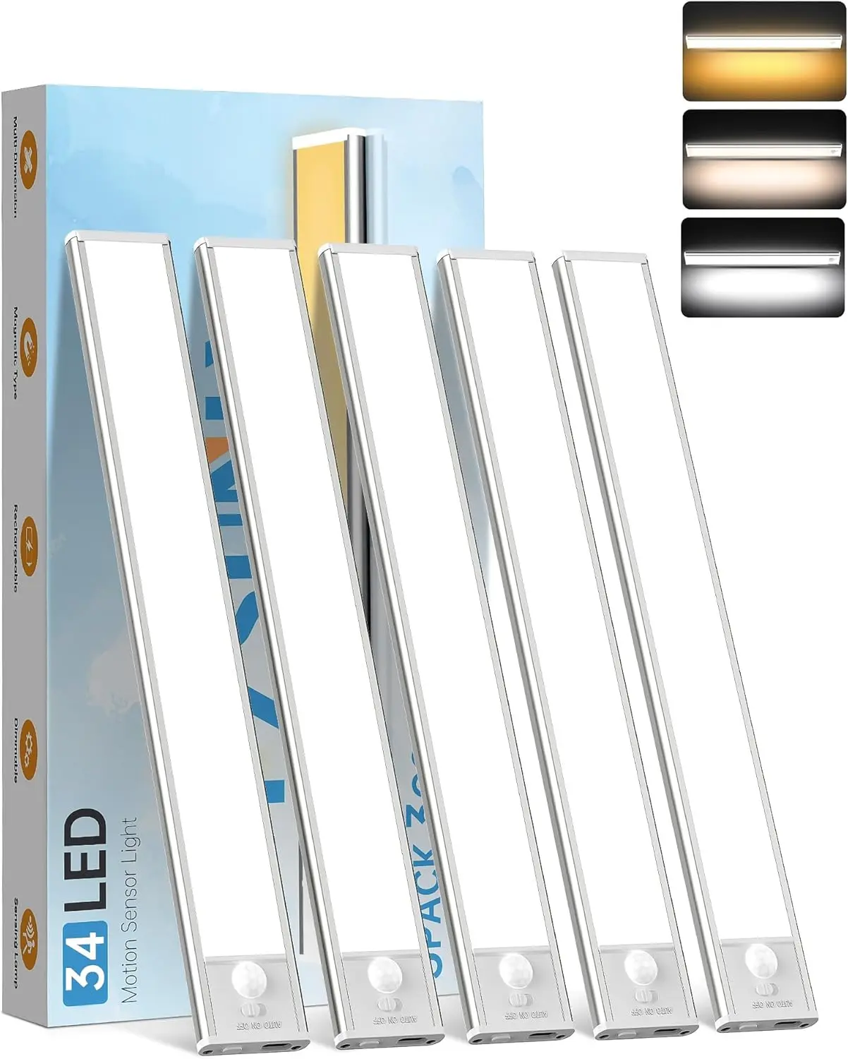 Paquete de 5 luces LED recargables con sensor de movimiento, regulables con 3 colores, iluminación magnética debajo del gabinete para cocina