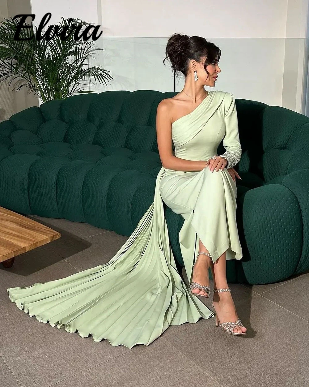 Customized Vintage One Shoulder Pleats Split Women Prom Dresses Straight Beadings Full Sleeve Backless Ankle Length Evening Gown