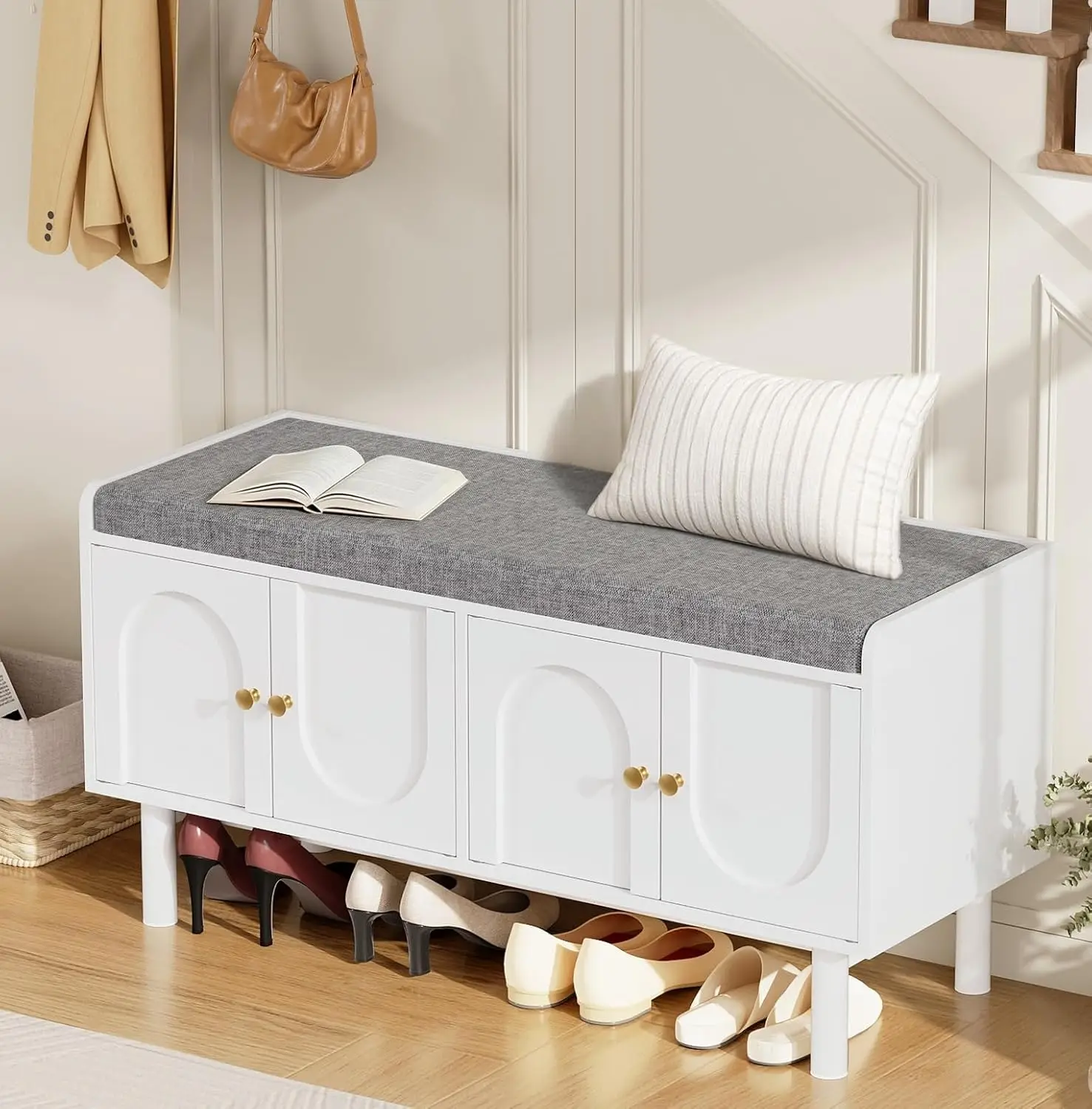 

Shoe Storage Bench, 2-Tier Entryway Shoe Bench with Cushion, 15" D x 39.4" W x 19.7" H, Shoe Rack Bench with 4, Customized