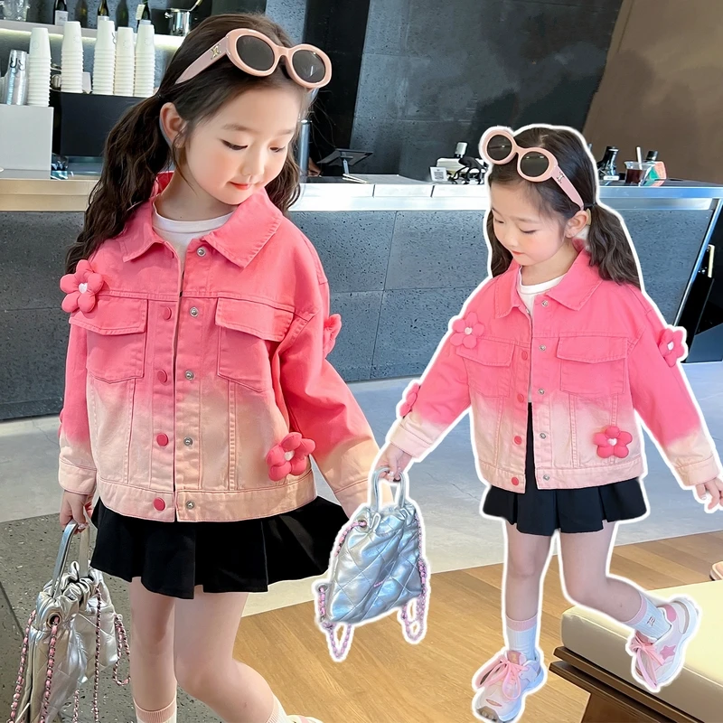New Autumn Baby Girls Gradient Pink Denim Jacket Coat with Applique Kids Child Cute Jeans Outfit Clothing Age 2 3 4 5 6 7 8 9 Y