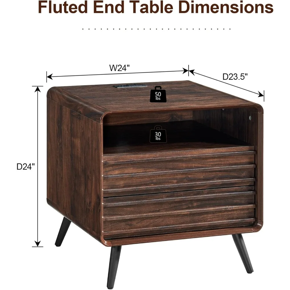 24 Nightstand with Charger Station, Mid Century Modern Fluted End Table with 2 Drawers, Wooden Side Table with Open Cub