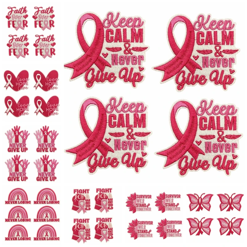 

10 шт., розовая лента «Любовь и надежда», вышитая «сделай сам», мультяшная нашивка, железные нашивки для одежды, курток, джинсов, шапок, значки с вышивкой