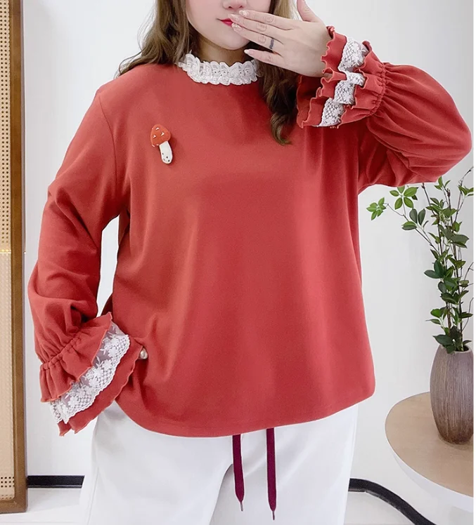 ربيع الخريف حجم كبير المرأة لطيف لوليتا قاع قميص الحلو الدانتيل طاقم الرقبة فضفاضة تنوعا تخفيض العمر بأكمام طويلة #6