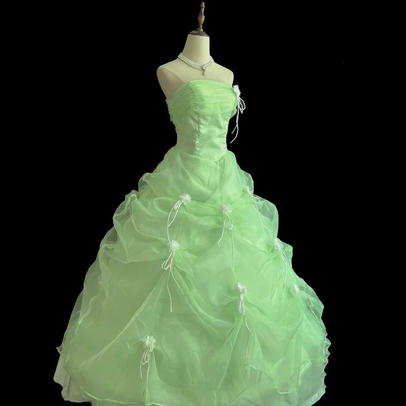 AnXin SH princess grass green lace strapless sleeveless white rose flower bow ruffles ball gown lace up customized wedding dress