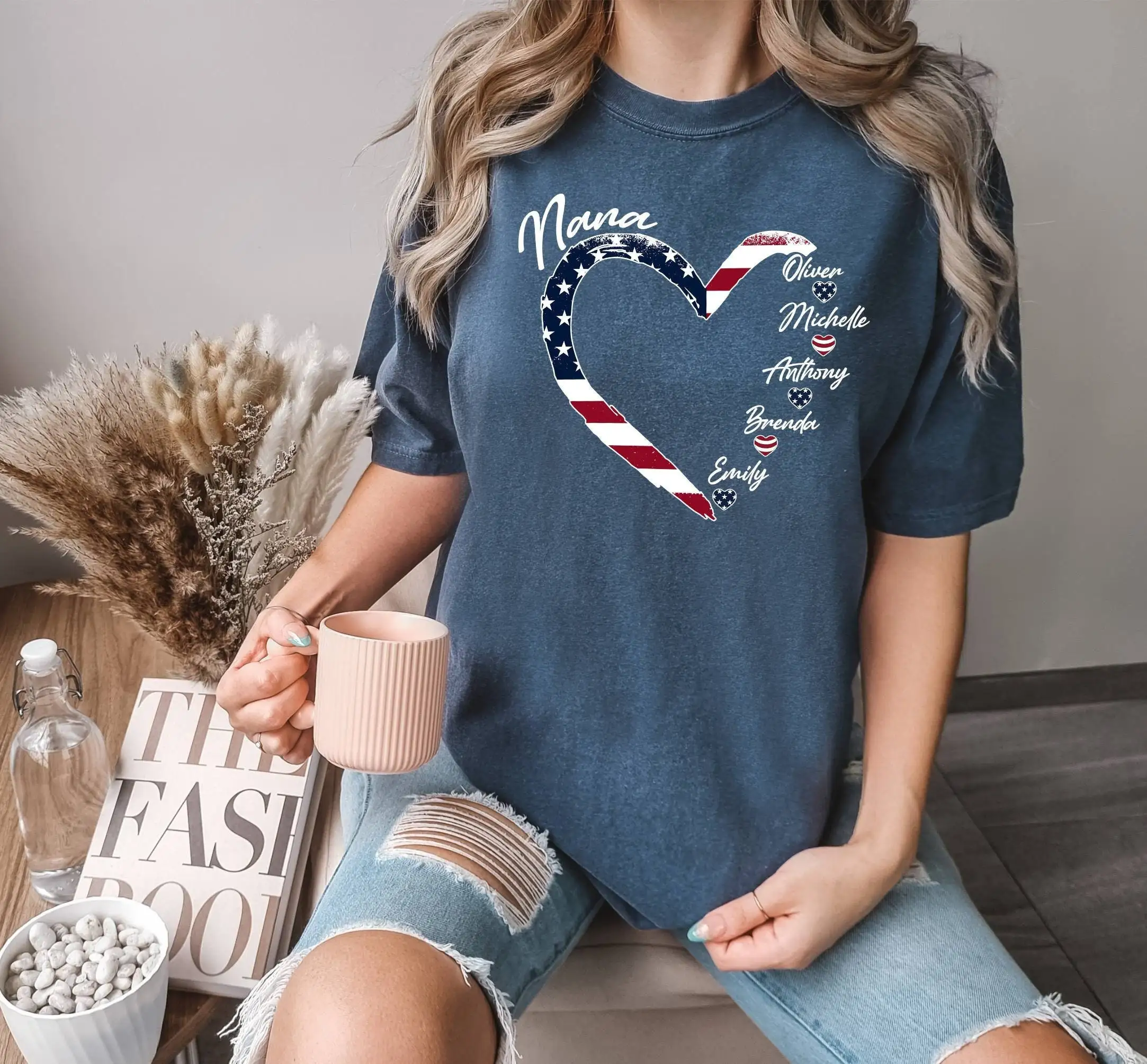 شخصية القلب تي شيرت الرابع من يوليو الأم الأمريكية الولايات المتحدة الأمريكية العلم الوطني للأطفال اسم الألوان المريحة #1
