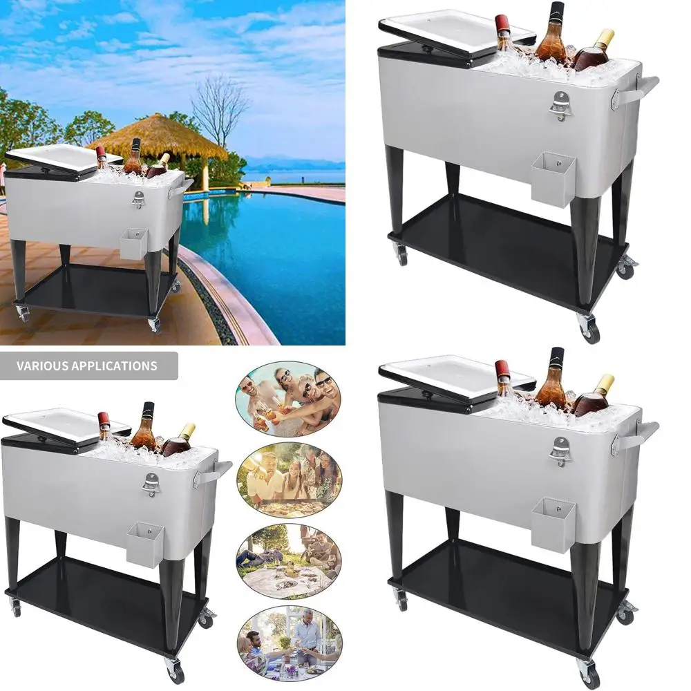 

Portable Rolling Ice Chest Cooler Cart for Outdoor Patio Parties with Beverage Shelf and Bottle Opener