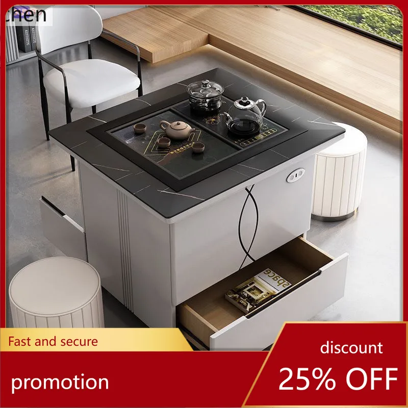 HXL Tea Table and Chair Set with Movable Rock Board, Adjustable Height Coffee Table, and Integrated Kettle