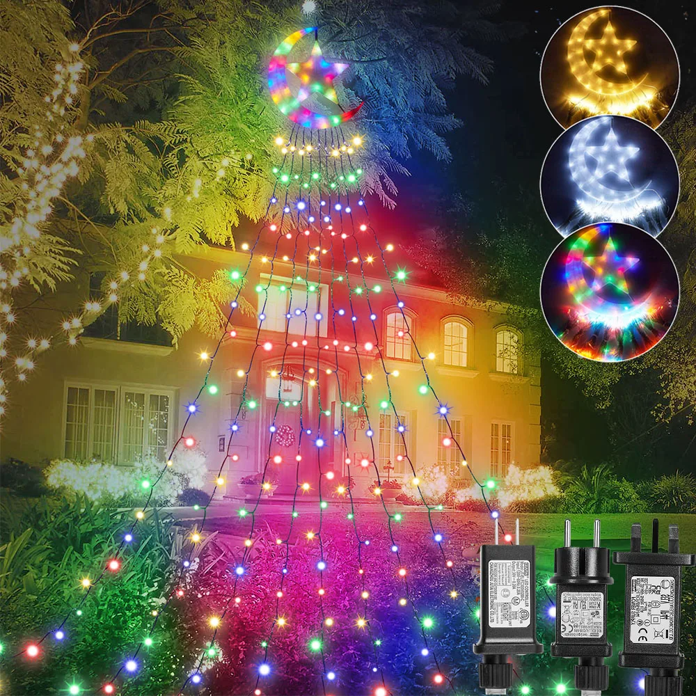 

Christmas Decoration Moon Star String Lights 8 Modes 350 LED Waterfall Tree Fairy Light With Topper Indoor Garden Timer Lighting