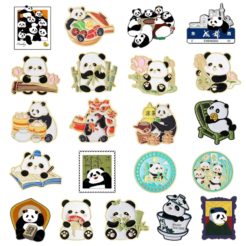 Cartoon Chinese Panda Series Enamel Pins Hot Pot Mahjong National Treasure Travel Souvenir Brooches Lapel Badge Jewelry Gifts