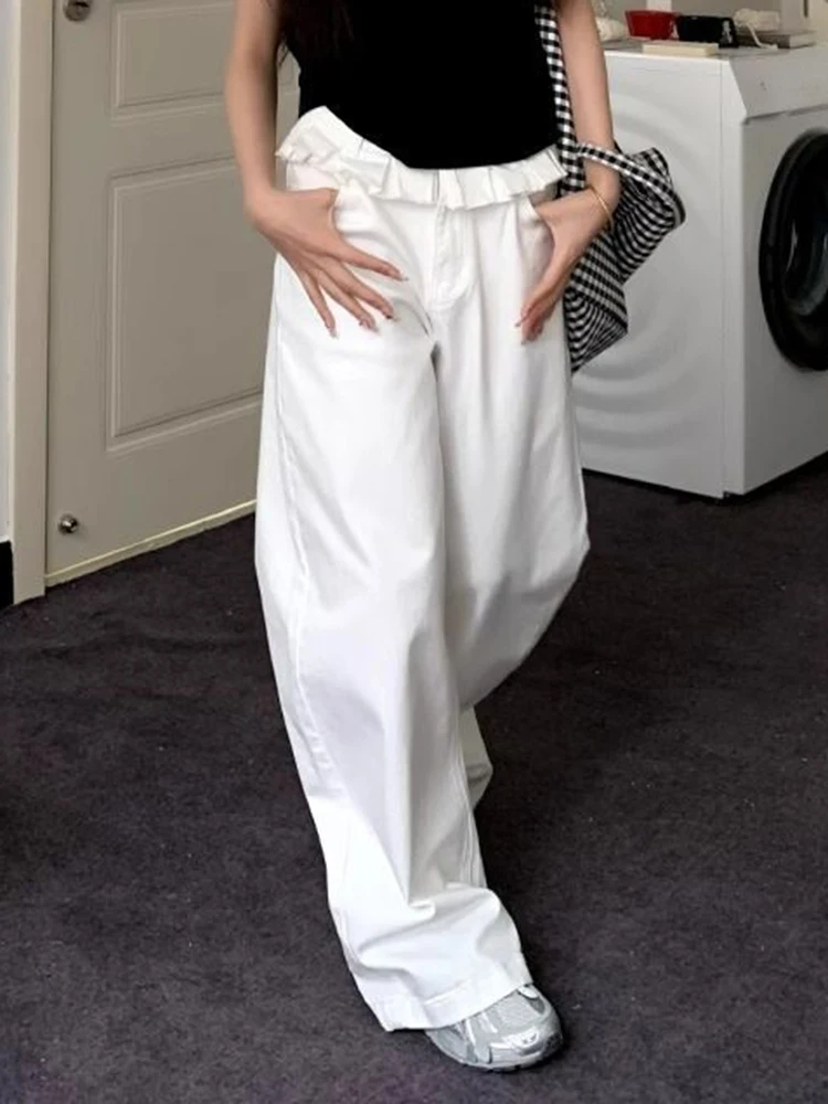 

Ladies' American Spicy Girl Spliced Flower Bud Design Sense Jeans High Rise Wide Leg Trousers In White for Summer Street Outfits