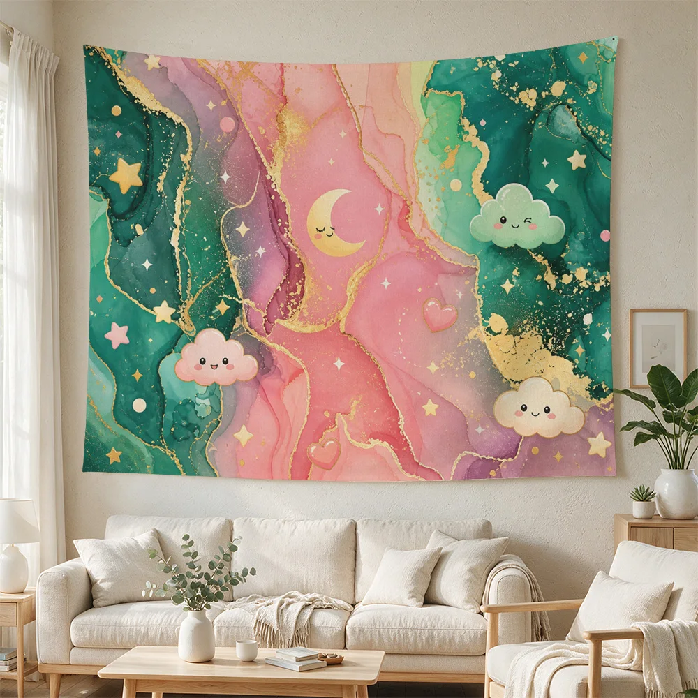 Boho Dreamy Galaxy Cloud Stars Tapestry Wall Hanging Nursery Room Decor Aesthetic Pink Teal Art