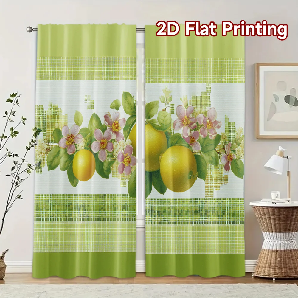 Modern Yellow Fruits Flowers Rod Pocket Window Curtains - Digital Printed Room Decor for Bedroom Living Room Set of 2 Panels