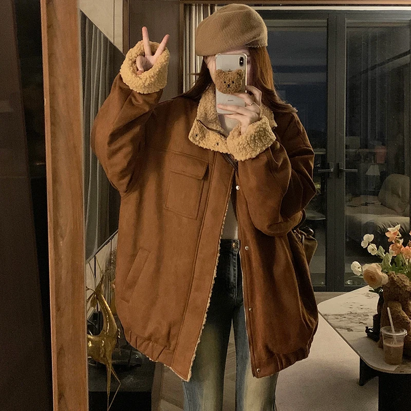 

American Retro Leather Jacket Women Y2K Streetwear Loose Lapel Motorcycle Coats Winter Thick Temperature Lamb Warm Outwear New