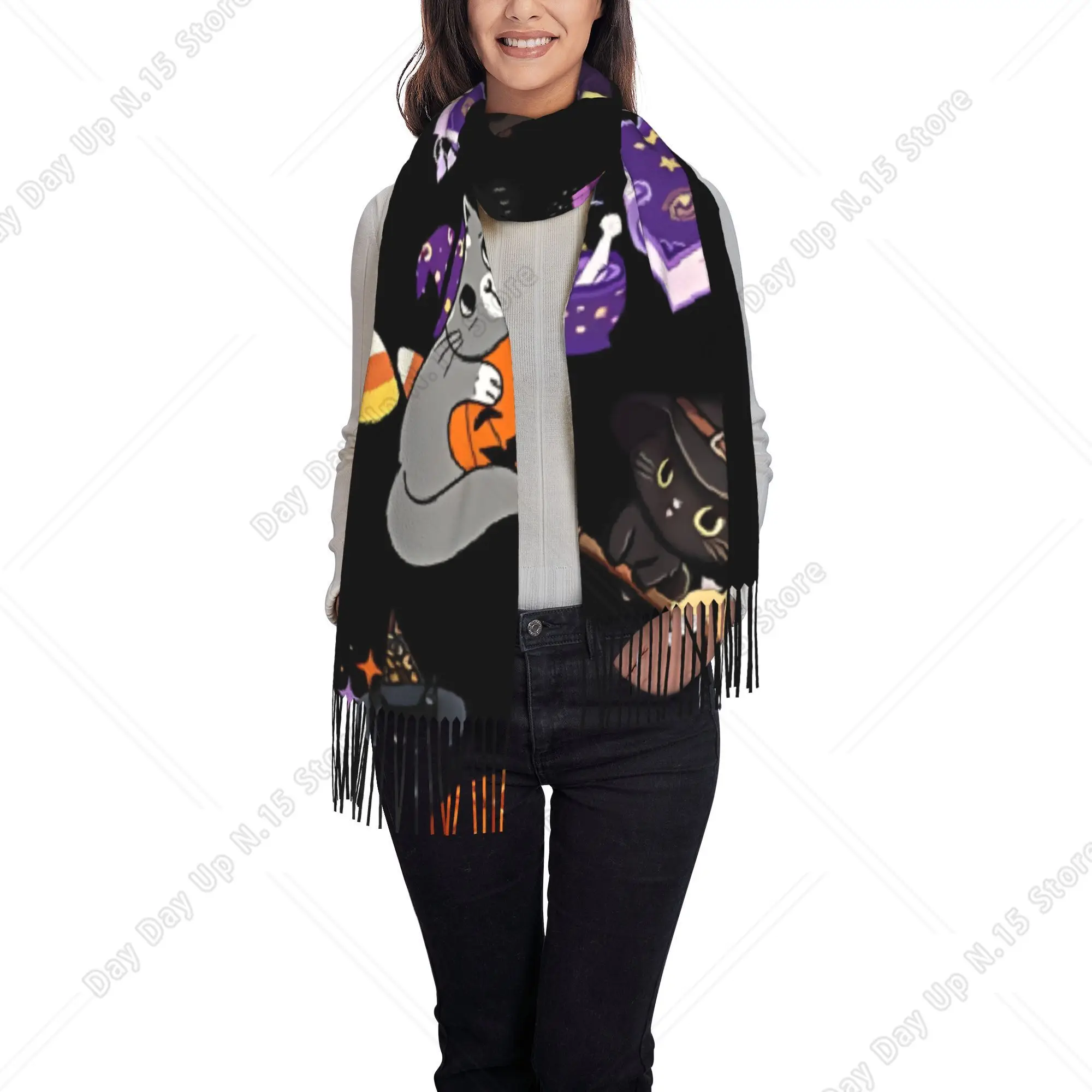Adorable Halloween Enchanted Cats Surrounded by Books And Pumpkins Scarf with Tassels Lightweight for Autumn And Winter