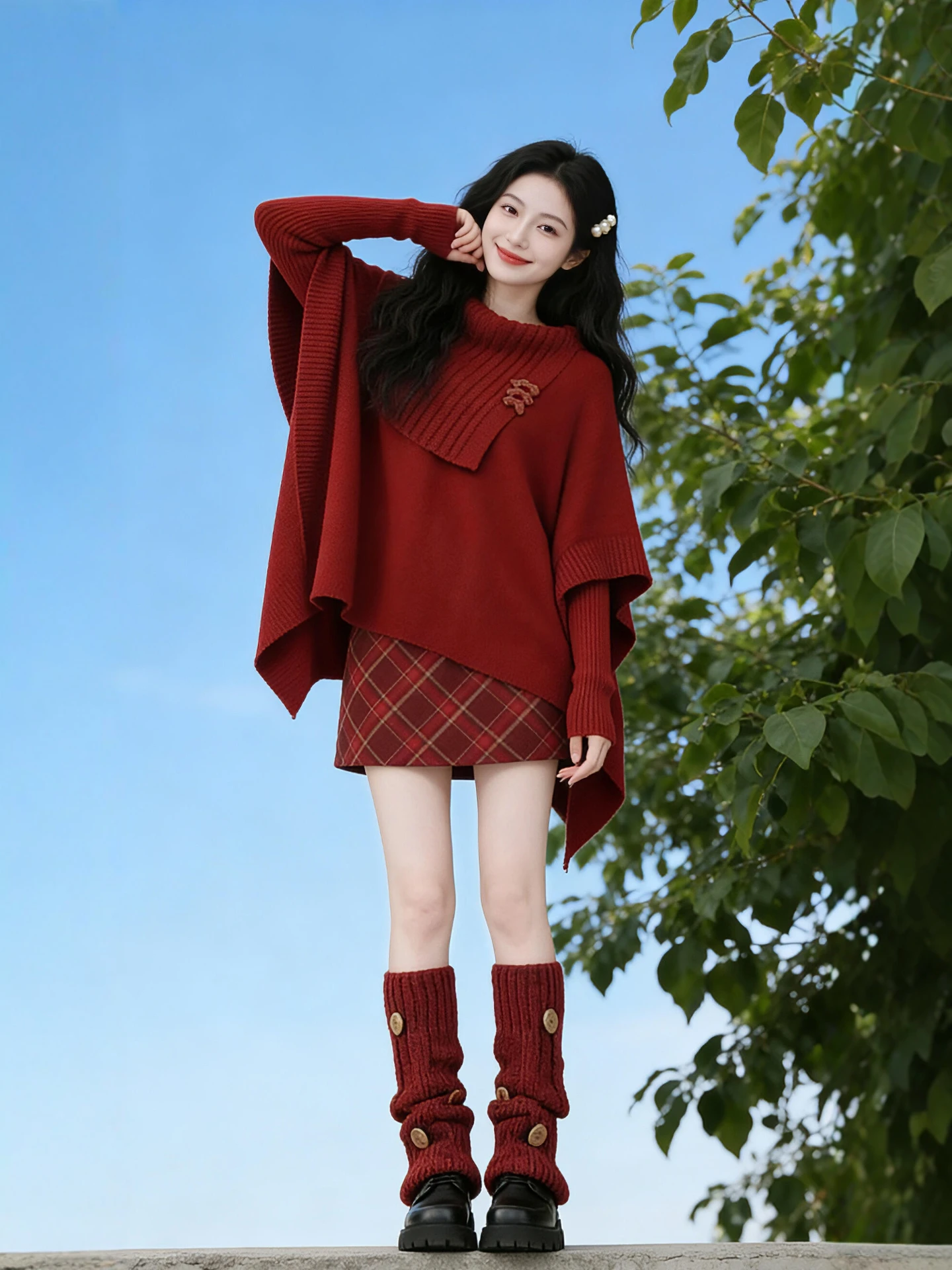 

Spring Faion plus Size Women's Red Cloak Sweater Plaid Skirt Set Casual Sle Warm Polyester Fabric round Ne Design