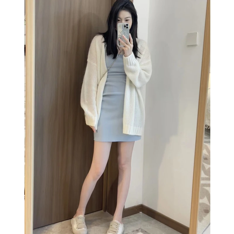 Women Cardigan Sweater Coat Casual Loose Knitted Solid Coat Lantern Sleeve Sweet white Overcoat For Women top 2024 Autumn Winter