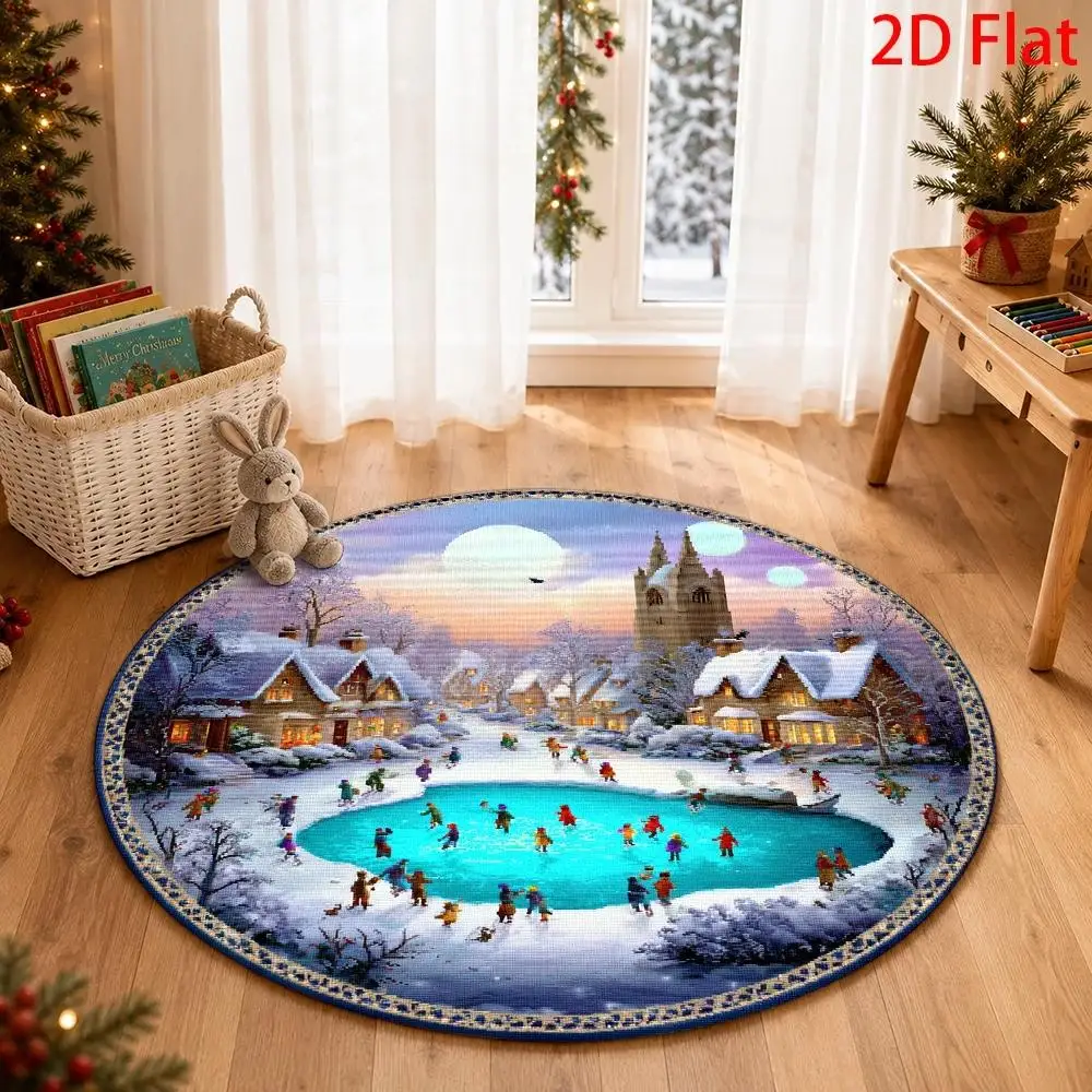 1pc Winter Wonderland Ice‑Skating Village Printed Round Area Rug, 2D Flat‑Print Christmas Snow‑Scene Floor Mat