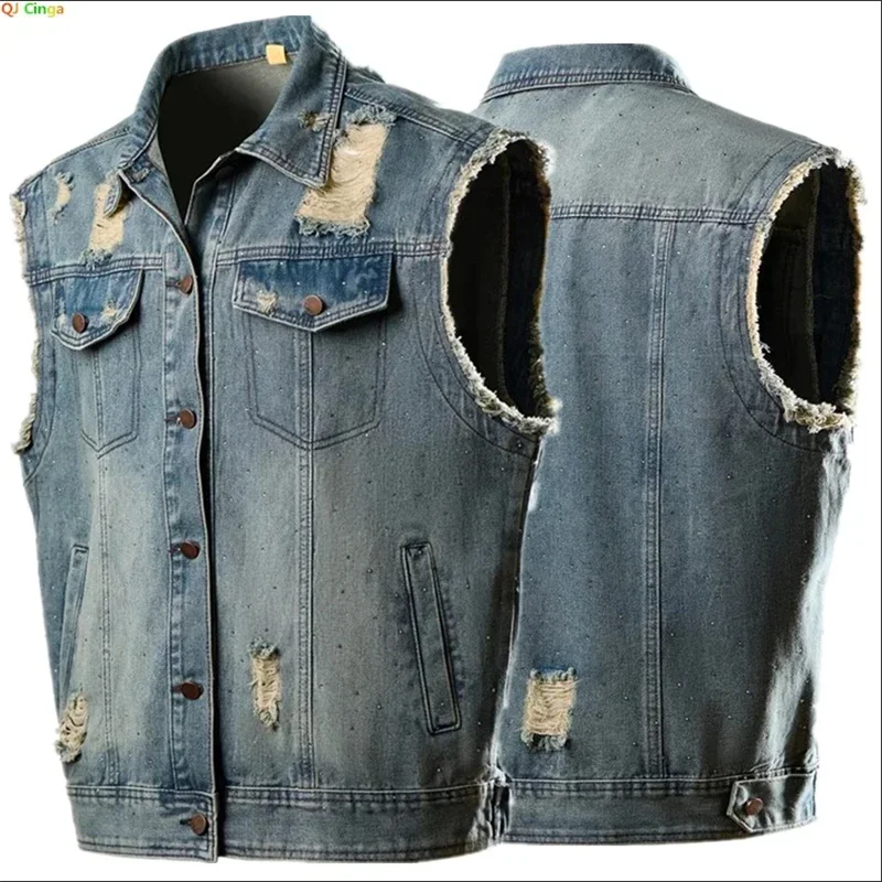 Blue Men's Perforated Sleeveless Denim Vest, Single Breasted (loose Fit) Vintage Vest, M, L, XL, XXL Tank Tops.