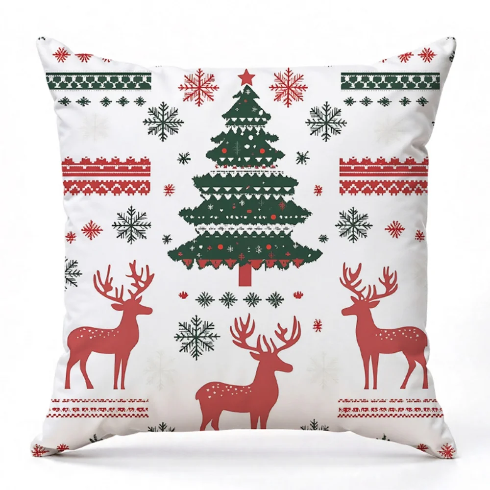 1Pc Retro Christmas Throw Pillow, Christmas Tree Reindeer Snowflake Pattern - Double-Sided Design,Soft Plush Cushion with Insert