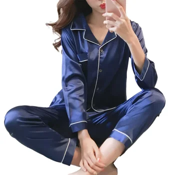 Vrouwen Satijnen Pyjama Met Lange Mouwen Revers Top En Broek Effen Pyjama Loungewear 2024 Nieuwe Collectie Drop-verzending