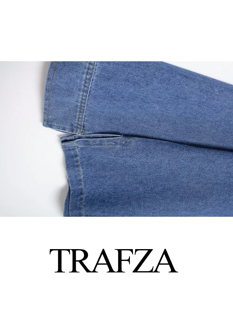 TRAFZA Women Denim Shirt Pant Sets 2024 V-Neck Denim Pullover Top+Drawstring Wide Leg Pant Suit Casual Two Piece Female Outfit