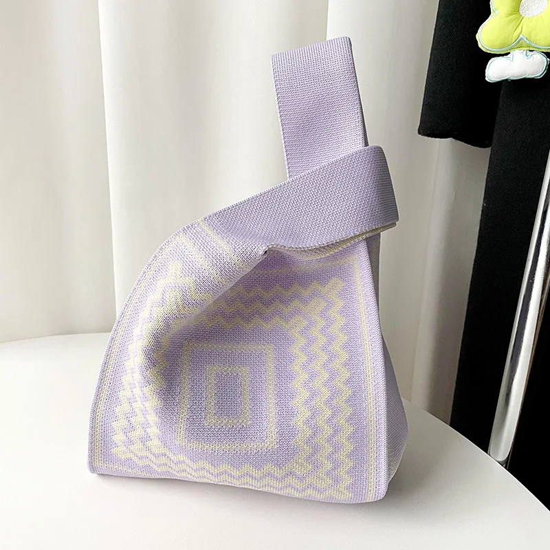 New Women Mini Knot Wrist-Bag Handmade Knit Handbag Female Casual Color Plaid Tote Bag Student Reusable Shopping Bag Phone Pouch