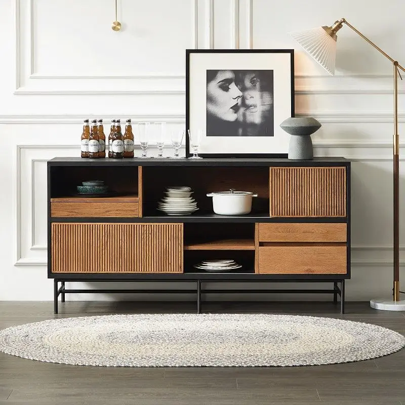 

Nordic modern retro color matching, teak solid wood sideboard, wabi-sabi black designer, oak tea cupboard