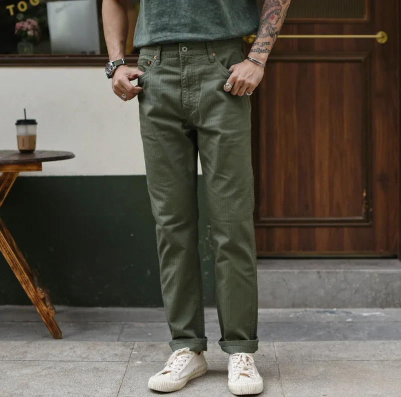 

Sauce Zhan Men Pants HBT Herringbone Cargo Pants Casual Pants Waved Twills Slim Fit High Front Rise Wear-resistant Green