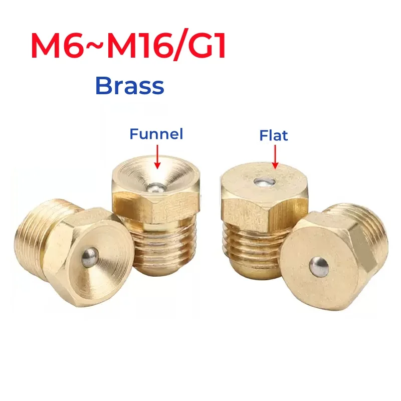 M6~m16 G1 Brass Press Ball Male Thread Oil Cup Push Button Flat Funnel Spring Nozzle Grease Gas Engine Motor Repair Part
