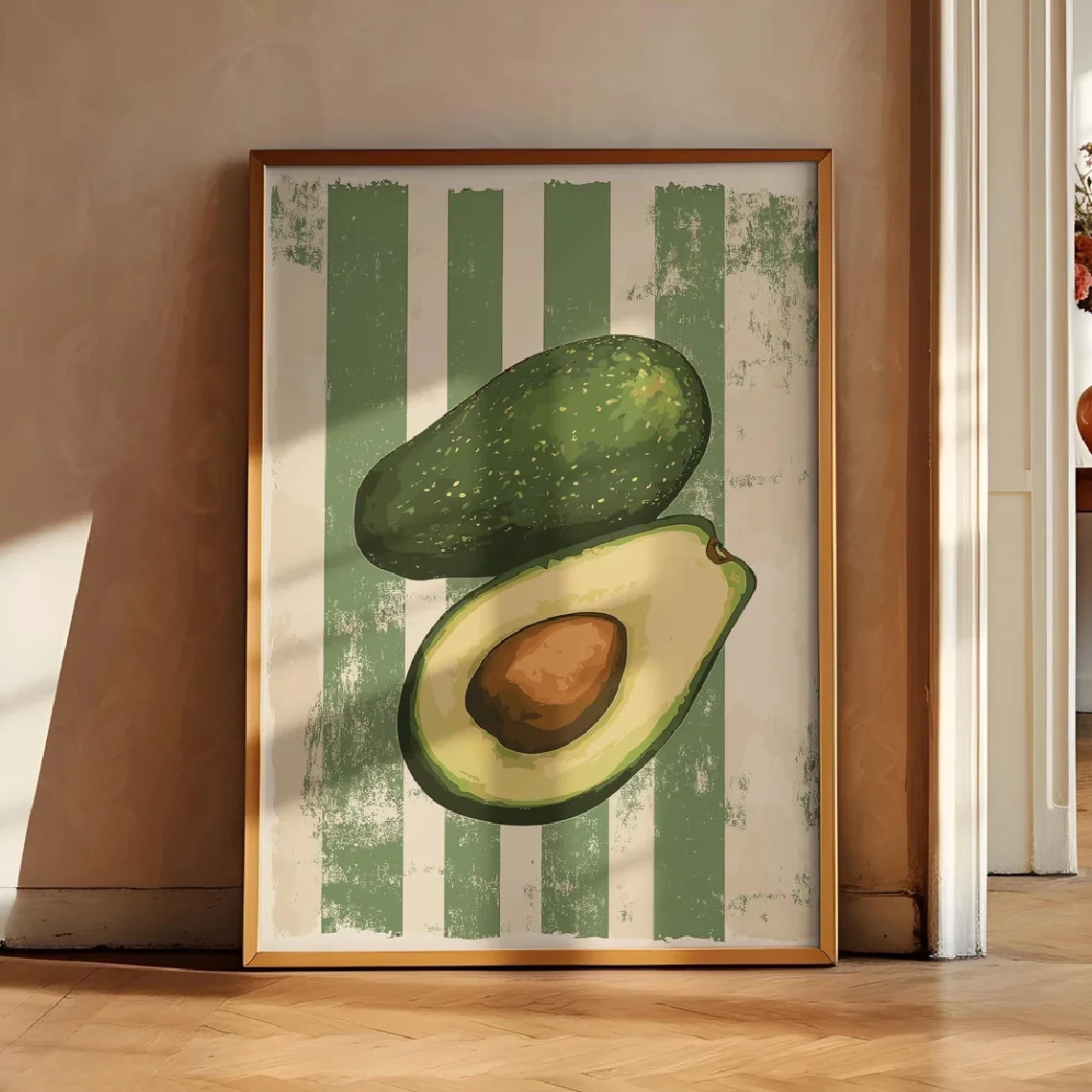 2D Flat, 2D Flat, 1pc Wall Decor, Retro Poster Featuring Avocado Stripes, Vibrant Fruit Canvas Artwork, Distinctive And Imagi