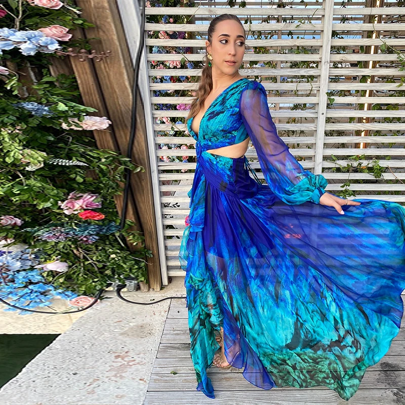 Frauen Trend Romantische Maxi Kleider Lange Ärmeln Tiefem V-kleid Rock Tie-dye Ausschnitt Sheer Chic Kleider Party musik Festival Roben