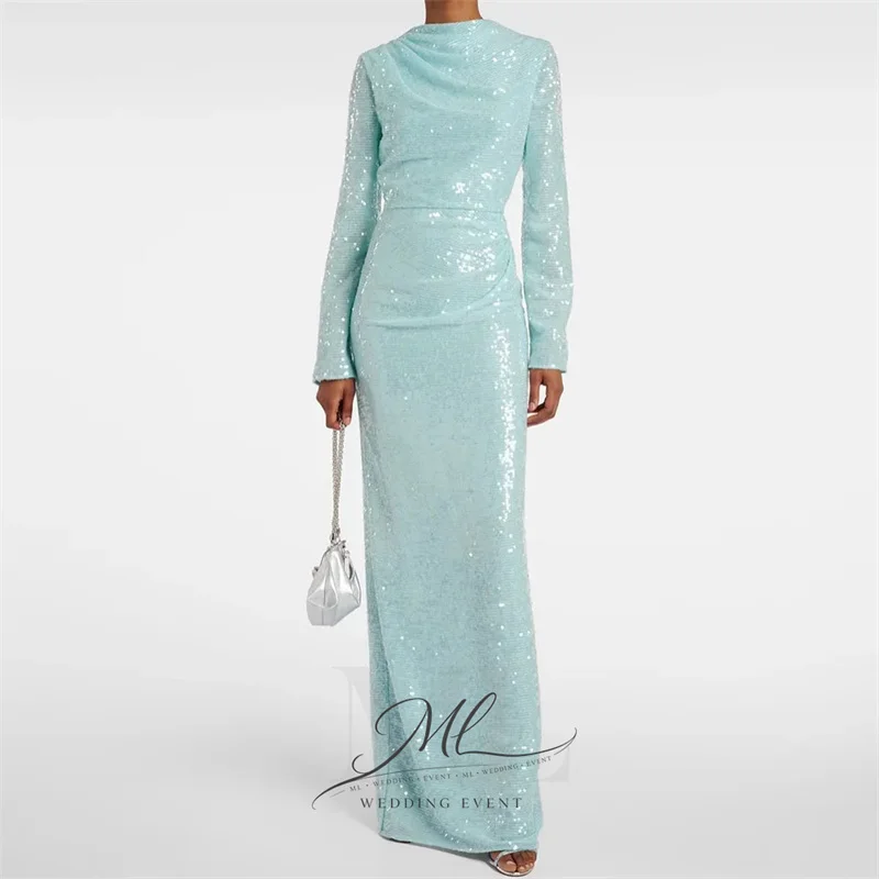 Vestidos de fiesta con lentejuelas ML Gliter, mangas largas, cuello redondo personalizado, longitud hasta el suelo, vestidos de noche modestos, vestido de fiesta árabe saudita