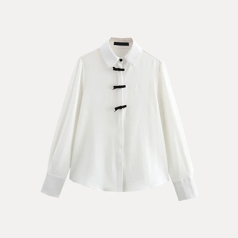 Z Polka Dot irt Long Sve da donna Colletto con bottoni Nodo Primavera 2025 Faion Versatile fibra di poliestere 00%