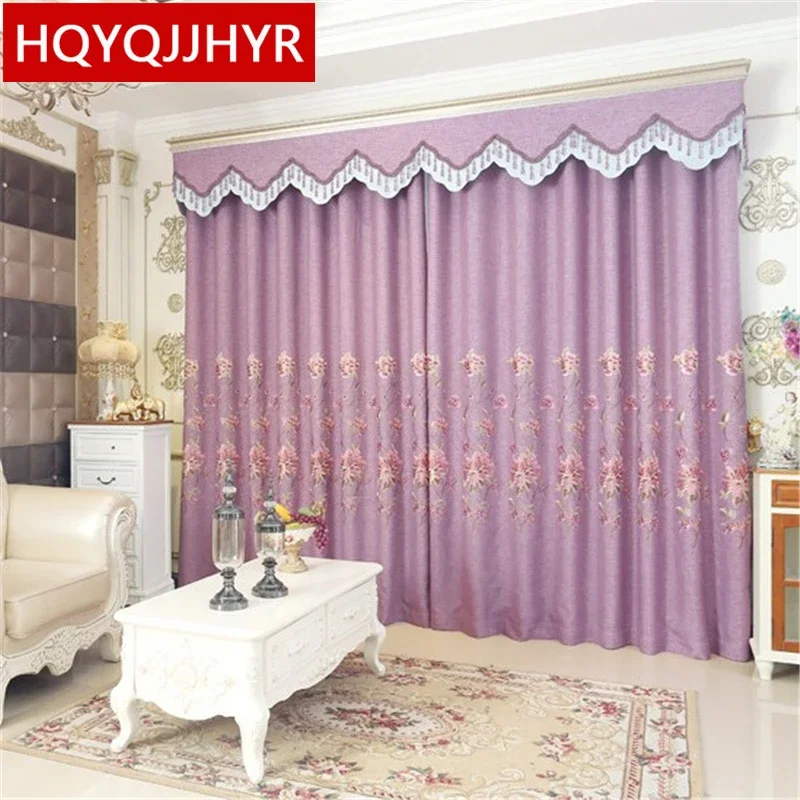 Purple European Style Embroidered Blackout Curtain for Living Room Upscale Pastoral Modern Simple Curtain for Bedroom Kitchen