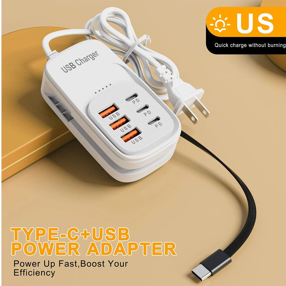 Snelle USB-lader 6-in-1 stekkerdoos bureau-oplaadstation snellaadkabel EU/UK/US stekker USB-hub adapter stopcontact 3PD 3USB