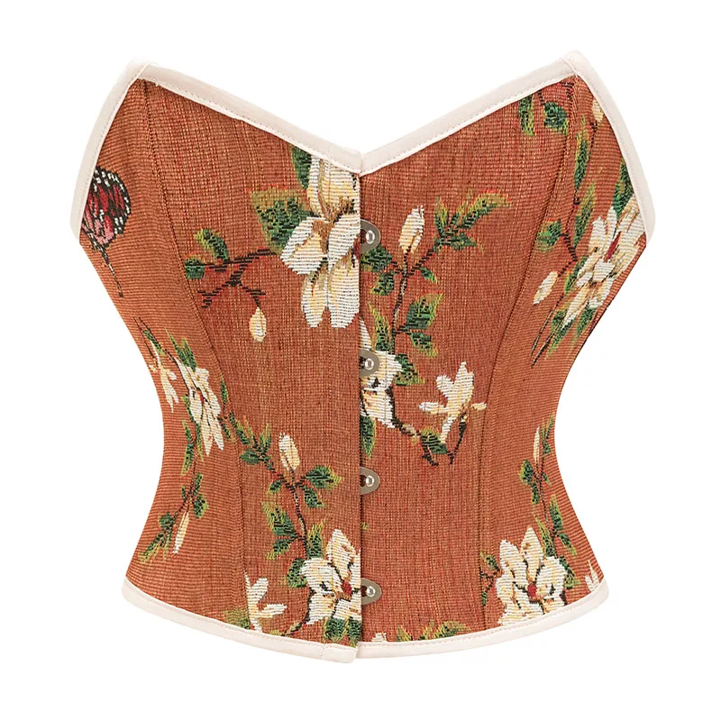 Green Flower Butterfly Printed Denim French Style Vintage Top Corset For Women 2024 Renaissance Bodice Gothic Fashion Bustier