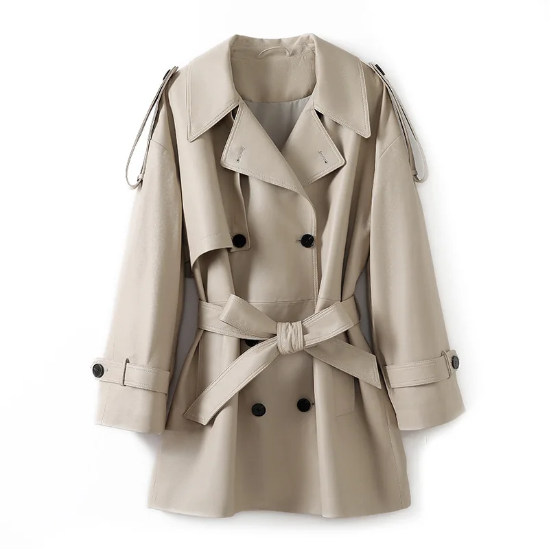 Giacca da donna in vera pelle Autunno Inverno Stile coreano Vestibilità ampia Pelle di pecora Cintura doppiopetto Trench casual di media lunghezza