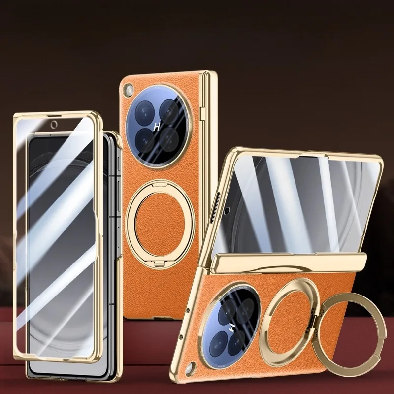 

For OPPO Find N6 Case ELVEV Magnetic Luxury Anti-drop PU Leather +Soft TPU with Ring Holder Rotation Stand Phone Cover