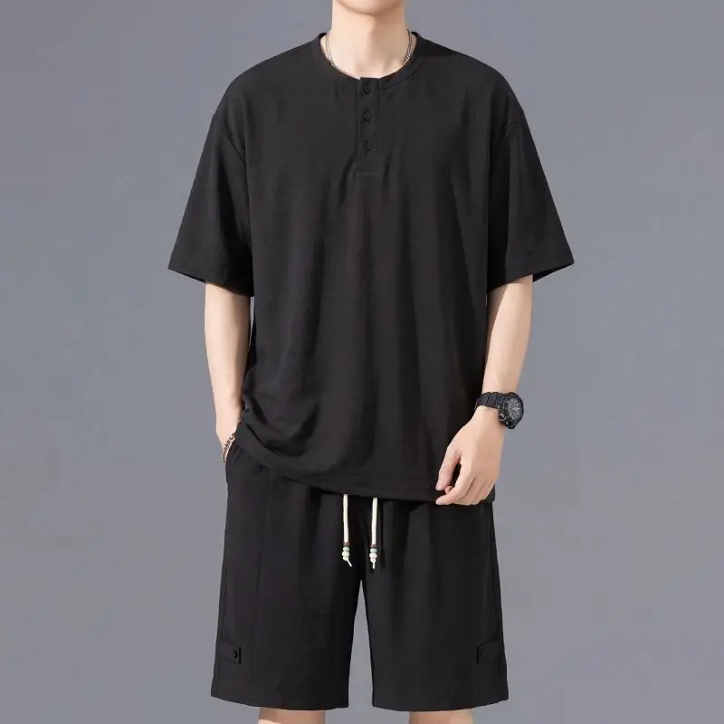 Mr. WH Summer Men's Linen Short Sleeve Set Loose Large Size Casual Sports Two Piece Set Trendy Men's Clothing Polyester Fiber