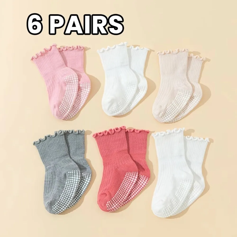 6 Pairs 6 Pairs Pack Anti-Slip Socks Breathable Fabric Floor Socks Infant Socks All Season Ruffled Design Toddler Socks