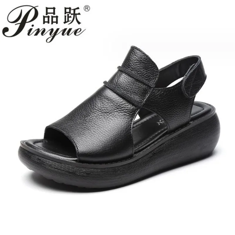 5.5cm Women Leather Mom Beach Sandals Genuine Leather Sandals Woman Platform Casual Summer Beach shoes size 34 41