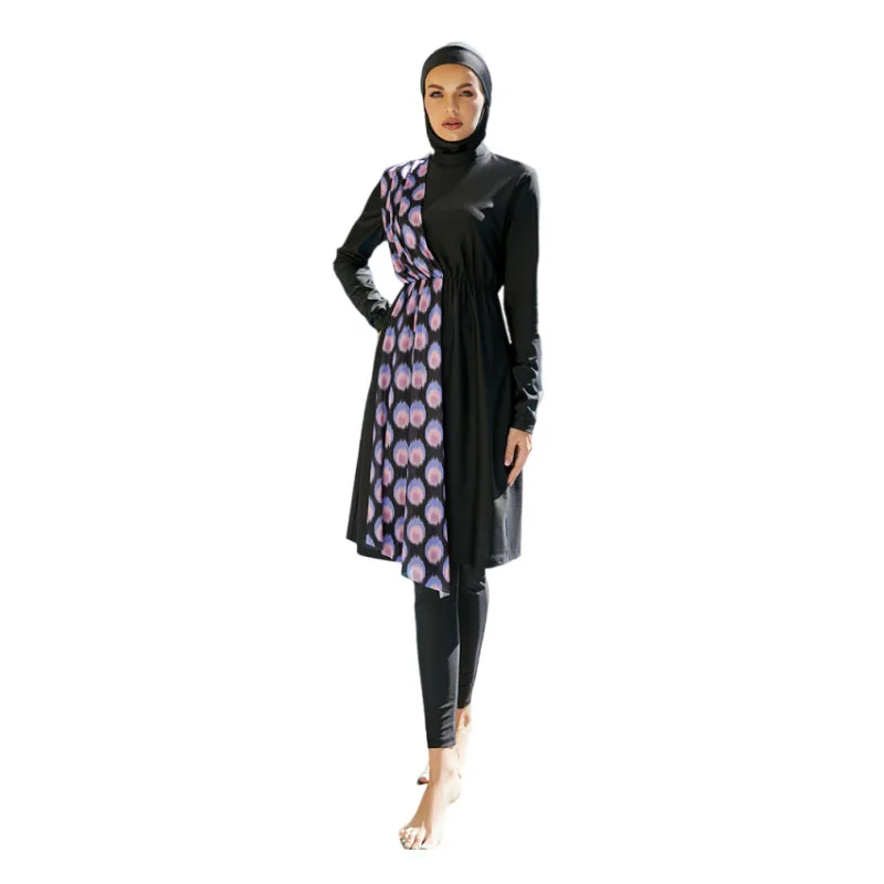 

Fashion Slim Black Women Burkini Muslim Swimwear Modest Islamic Ladies Swimming Set With Big Printed Shoulder Strap